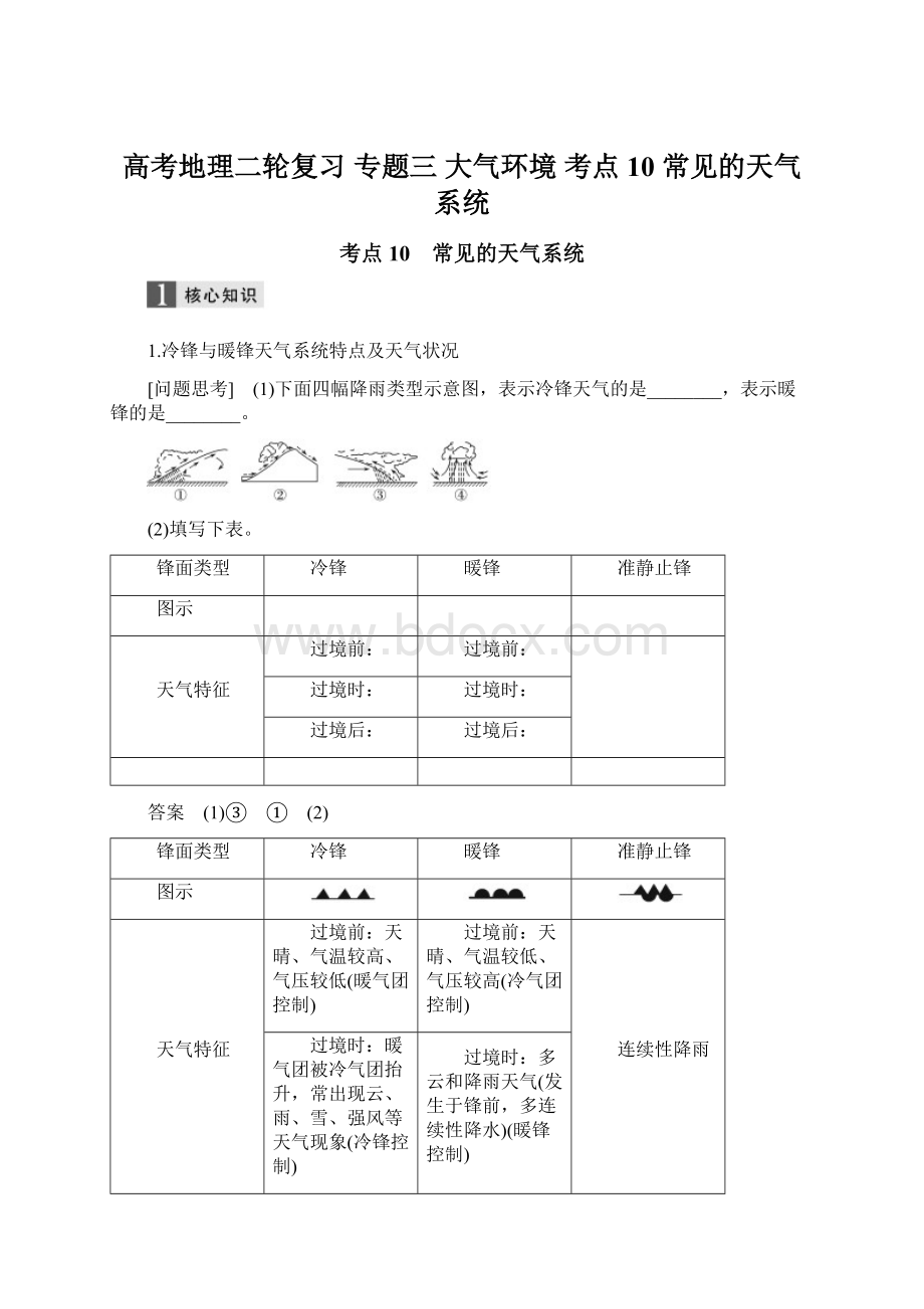 高考地理二轮复习 专题三 大气环境 考点10 常见的天气系统Word格式文档下载.docx