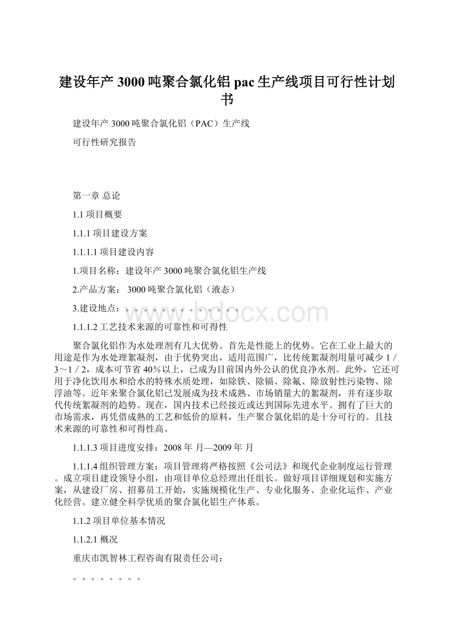 建设年产3000吨聚合氯化铝pac生产线项目可行性计划书.docx