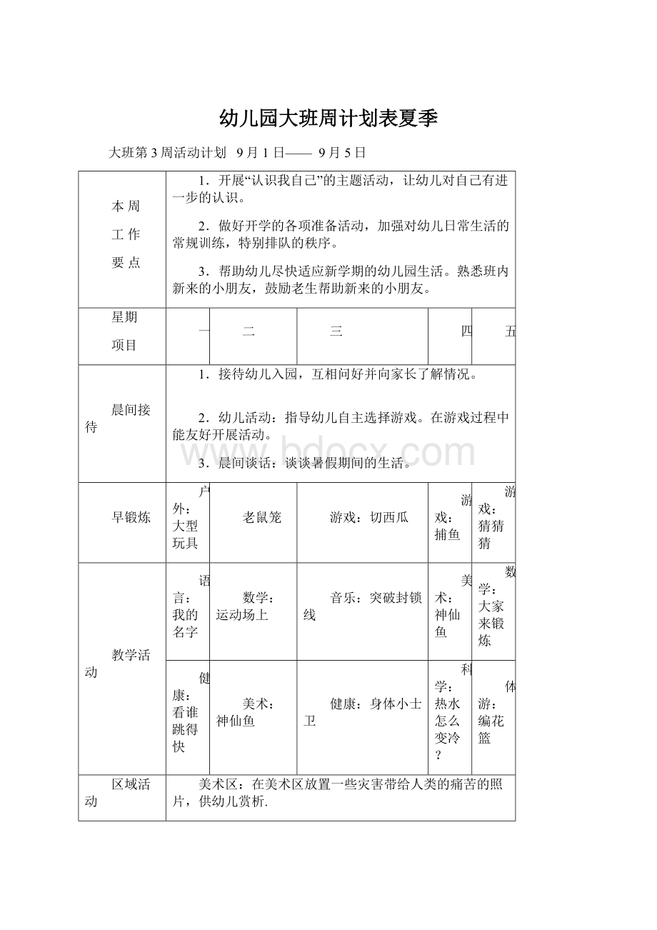 幼儿园大班周计划表夏季.docx