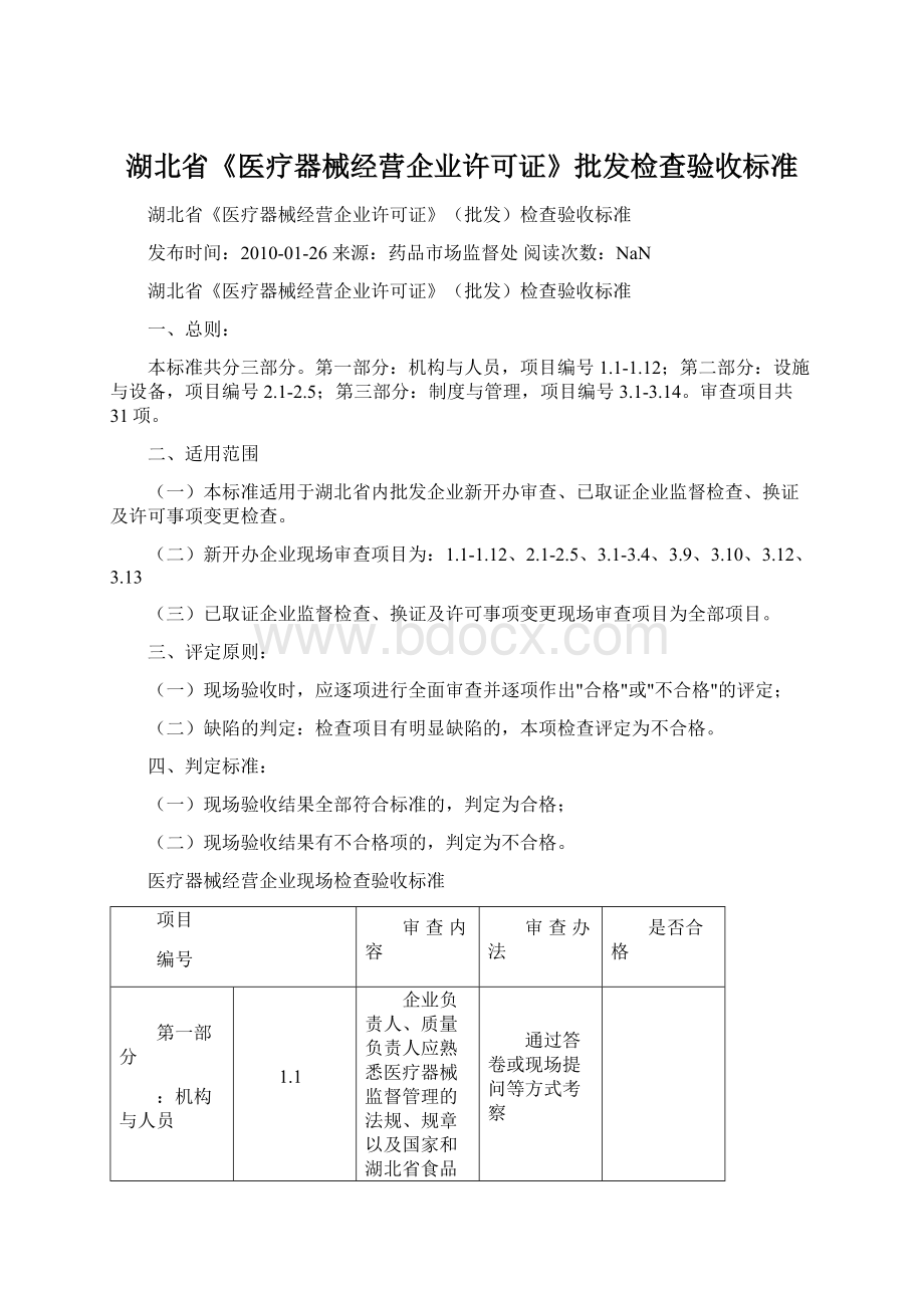 湖北省《医疗器械经营企业许可证》批发检查验收标准Word文件下载.docx