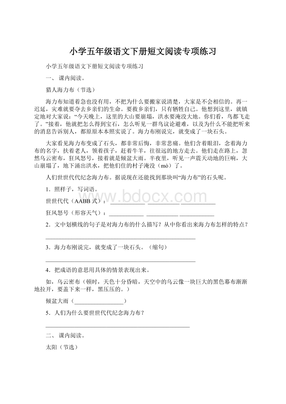 小学五年级语文下册短文阅读专项练习文档格式.docx