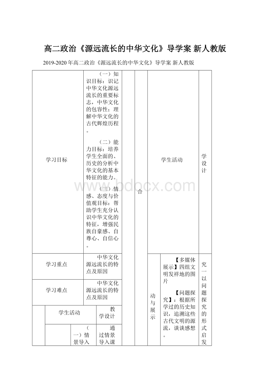 高二政治《源远流长的中华文化》导学案 新人教版Word格式文档下载.docx