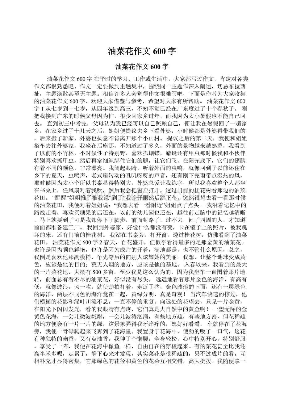 油菜花作文600字Word文档下载推荐.docx_第1页