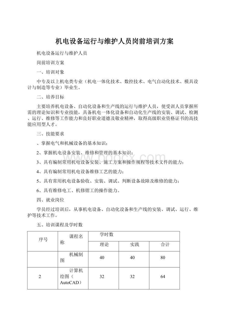 机电设备运行与维护人员岗前培训方案Word文档格式.docx_第1页