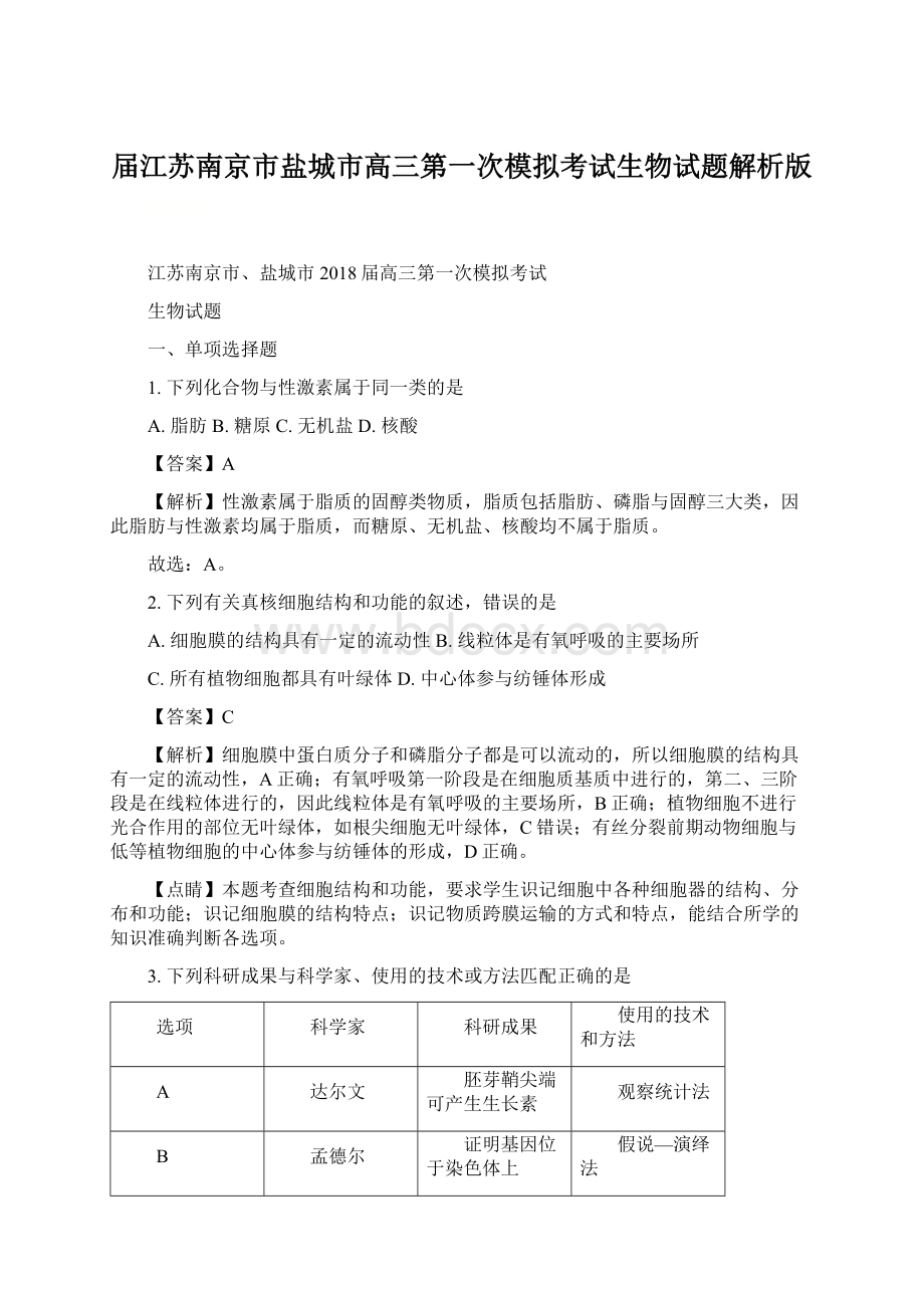 届江苏南京市盐城市高三第一次模拟考试生物试题解析版Word格式.docx_第1页