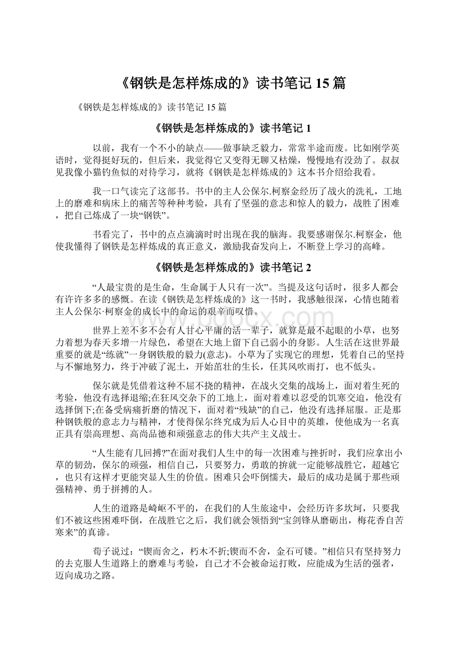 《钢铁是怎样炼成的》读书笔记15篇文档格式.docx_第1页