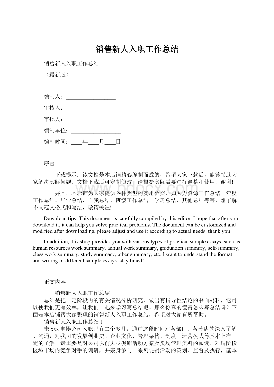 销售新人入职工作总结Word下载.docx