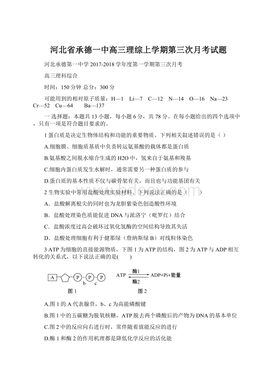 河北省承德一中高三理综上学期第三次月考试题.docx_第1页