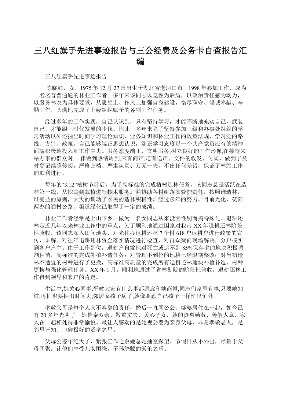 三八红旗手先进事迹报告与三公经费及公务卡自查报告汇编.docx_第1页