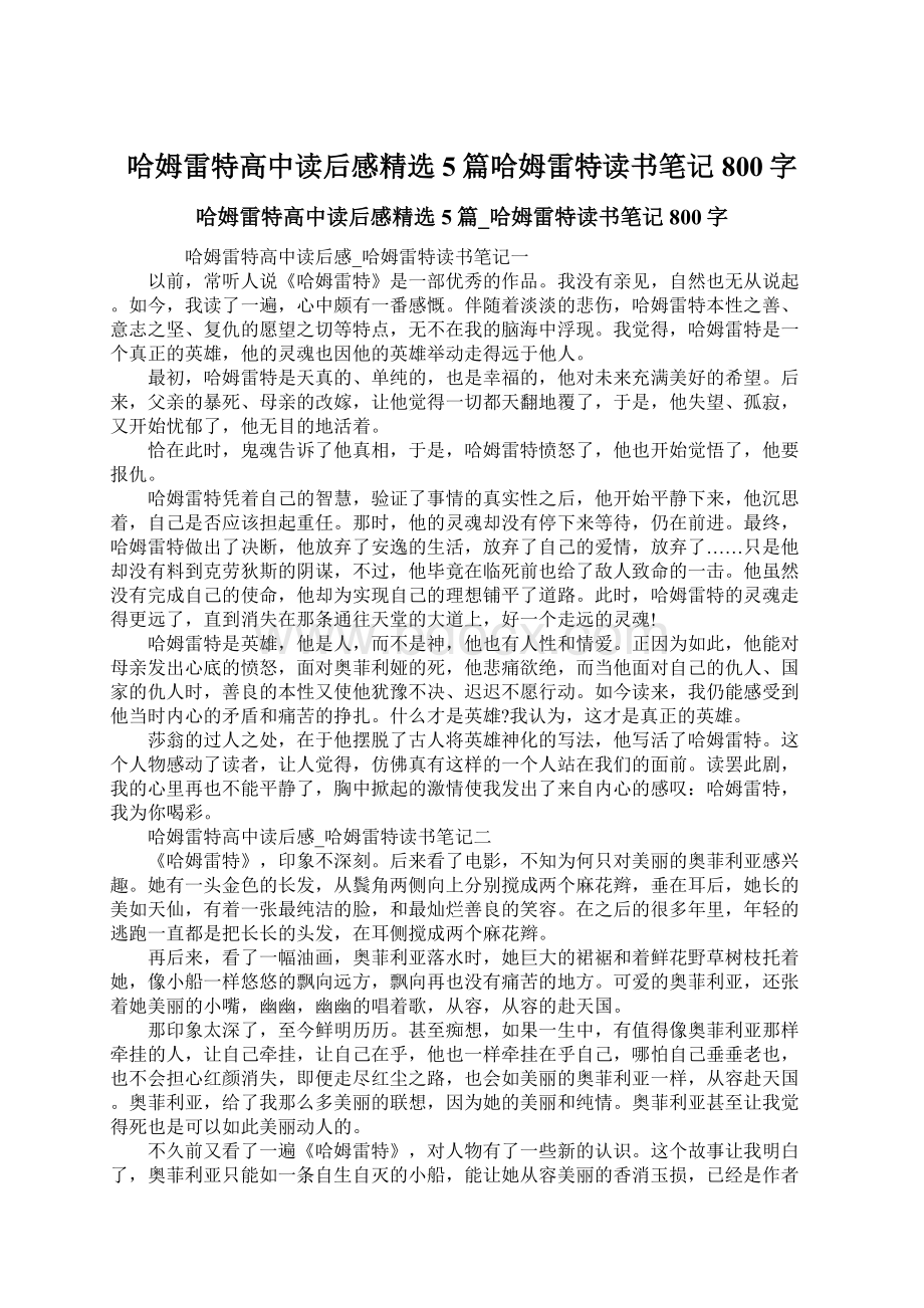 哈姆雷特高中读后感精选5篇哈姆雷特读书笔记800字.docx_第1页