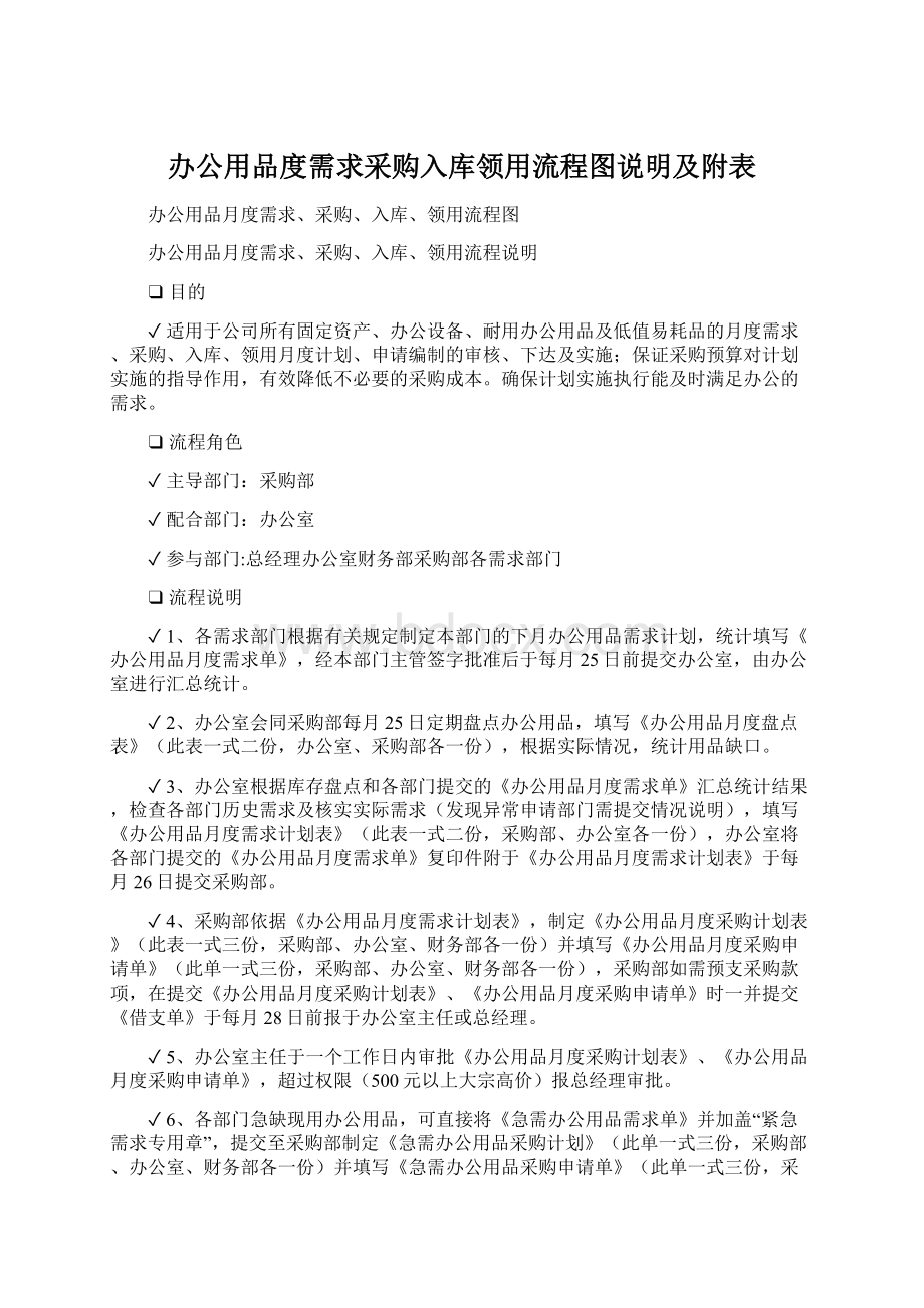 办公用品度需求采购入库领用流程图说明及附表.docx_第1页