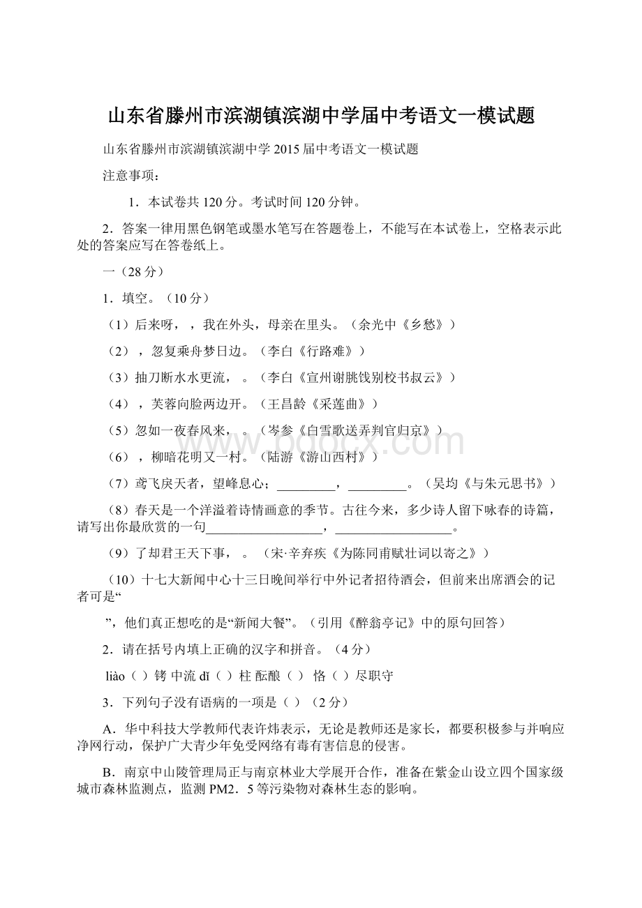 山东省滕州市滨湖镇滨湖中学届中考语文一模试题.docx_第1页