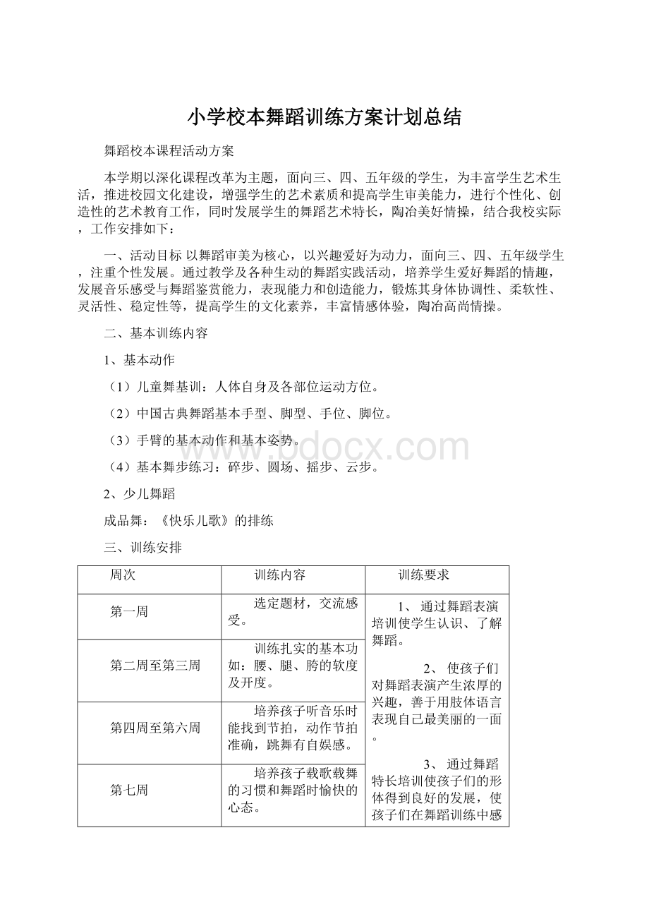 小学校本舞蹈训练方案计划总结Word下载.docx