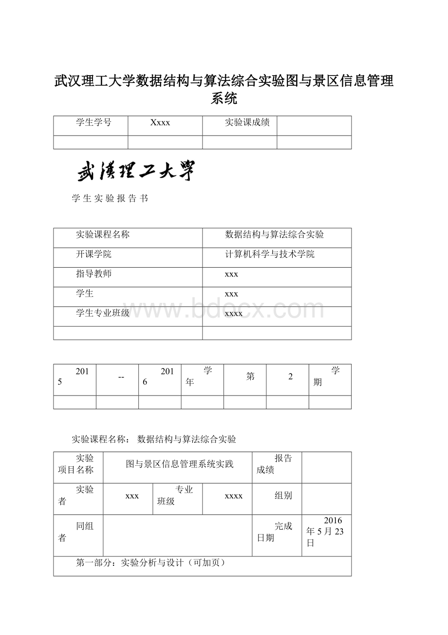 武汉理工大学数据结构与算法综合实验图与景区信息管理系统Word下载.docx