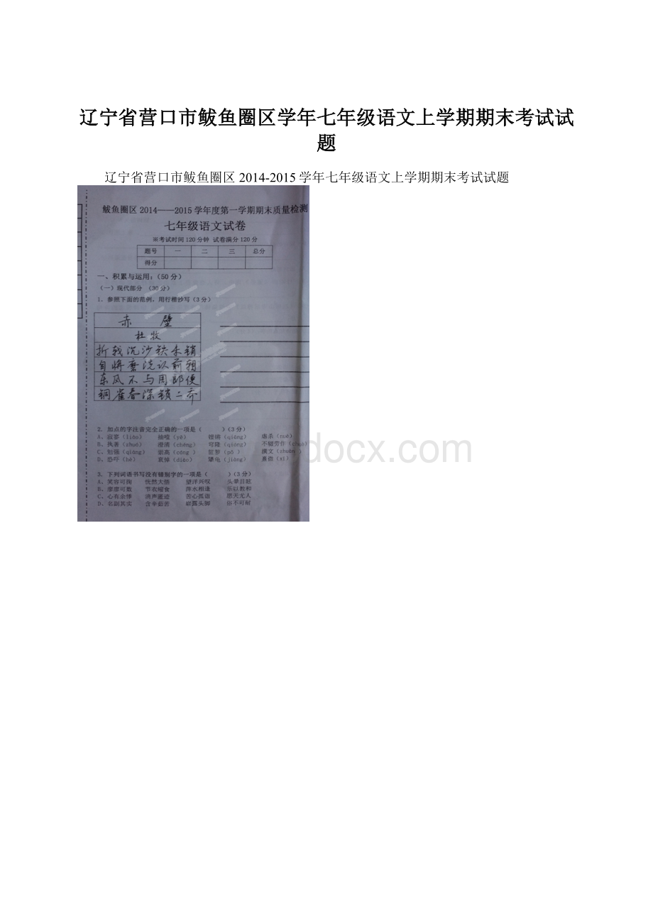 辽宁省营口市鲅鱼圈区学年七年级语文上学期期末考试试题Word文档下载推荐.docx