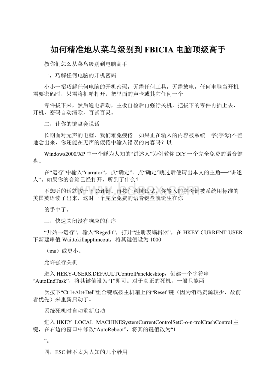 如何精准地从菜鸟级别到FBICIA电脑顶级高手文档格式.docx