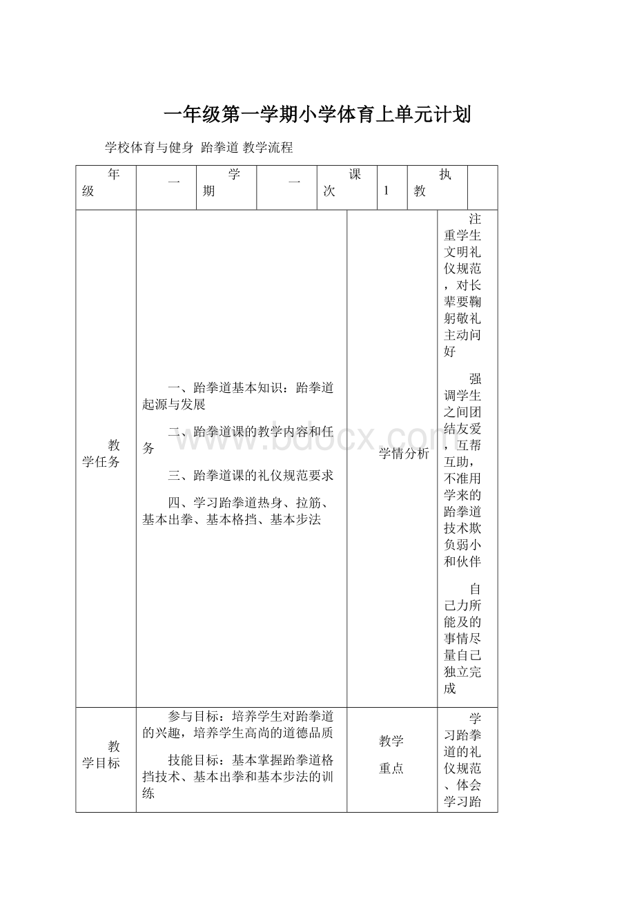 一年级第一学期小学体育上单元计划文档格式.docx