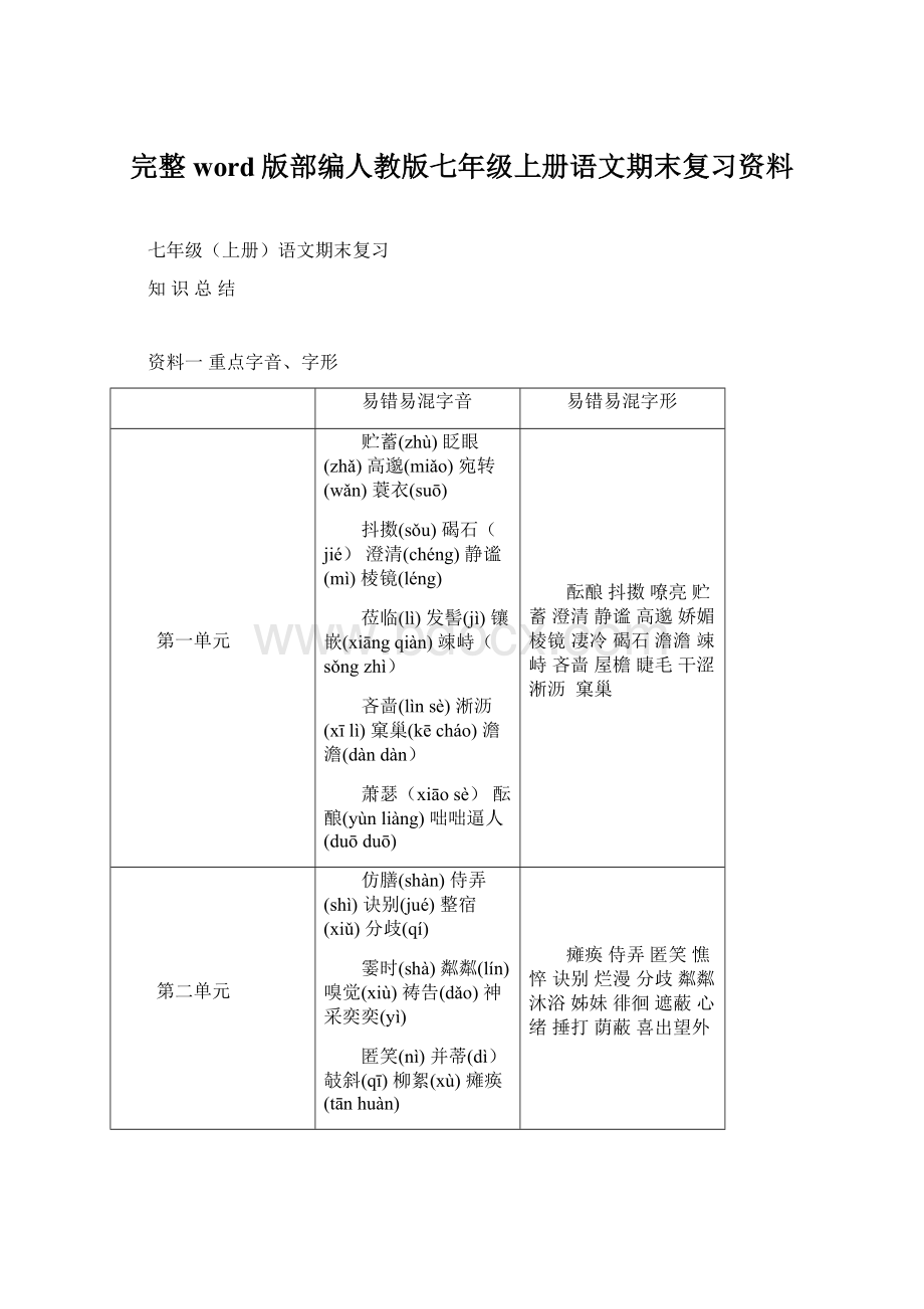 完整word版部编人教版七年级上册语文期末复习资料.docx