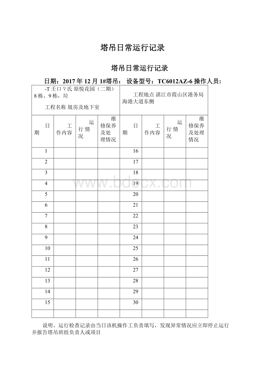 塔吊日常运行记录.docx_第1页