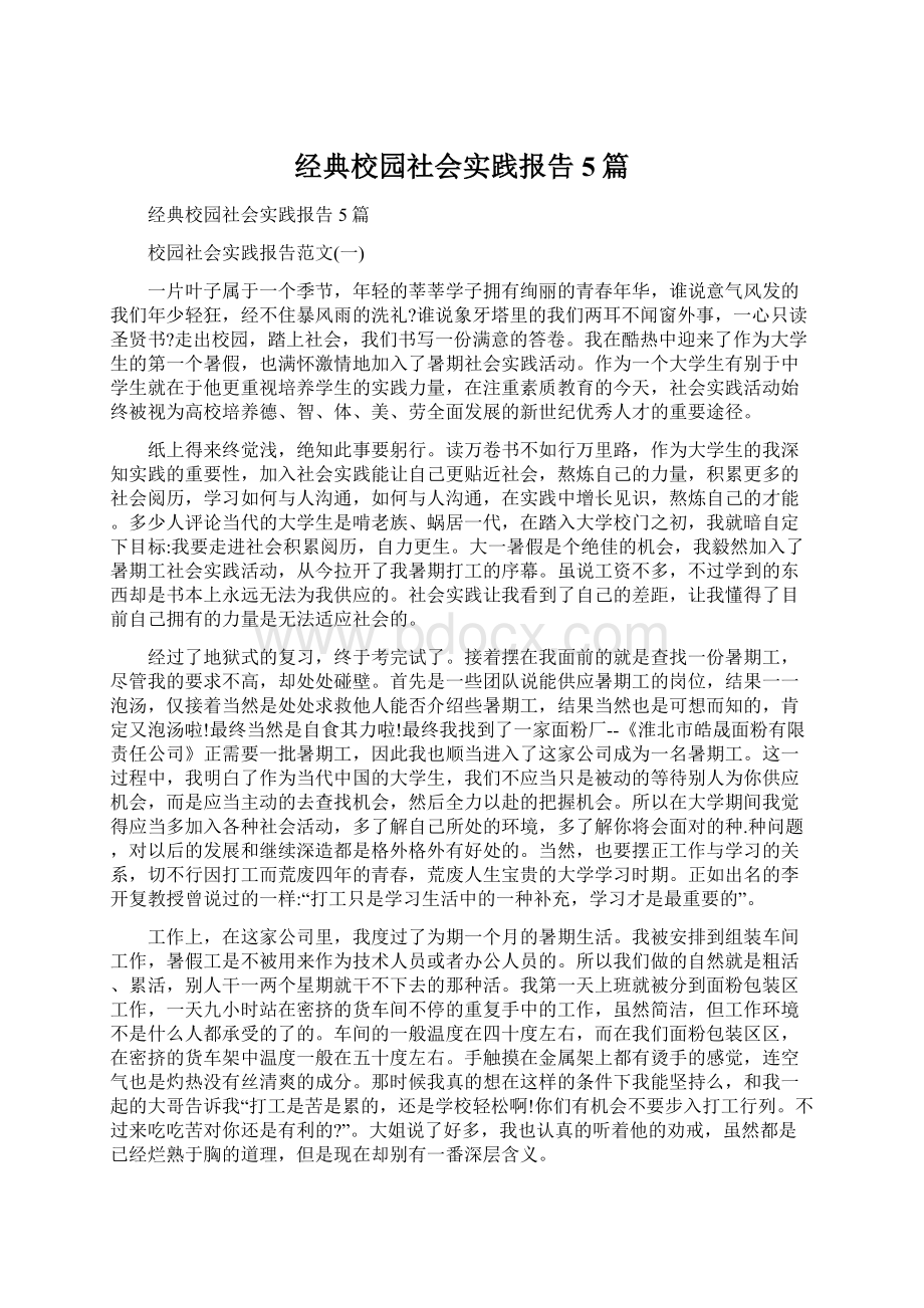 经典校园社会实践报告5篇Word文档格式.docx