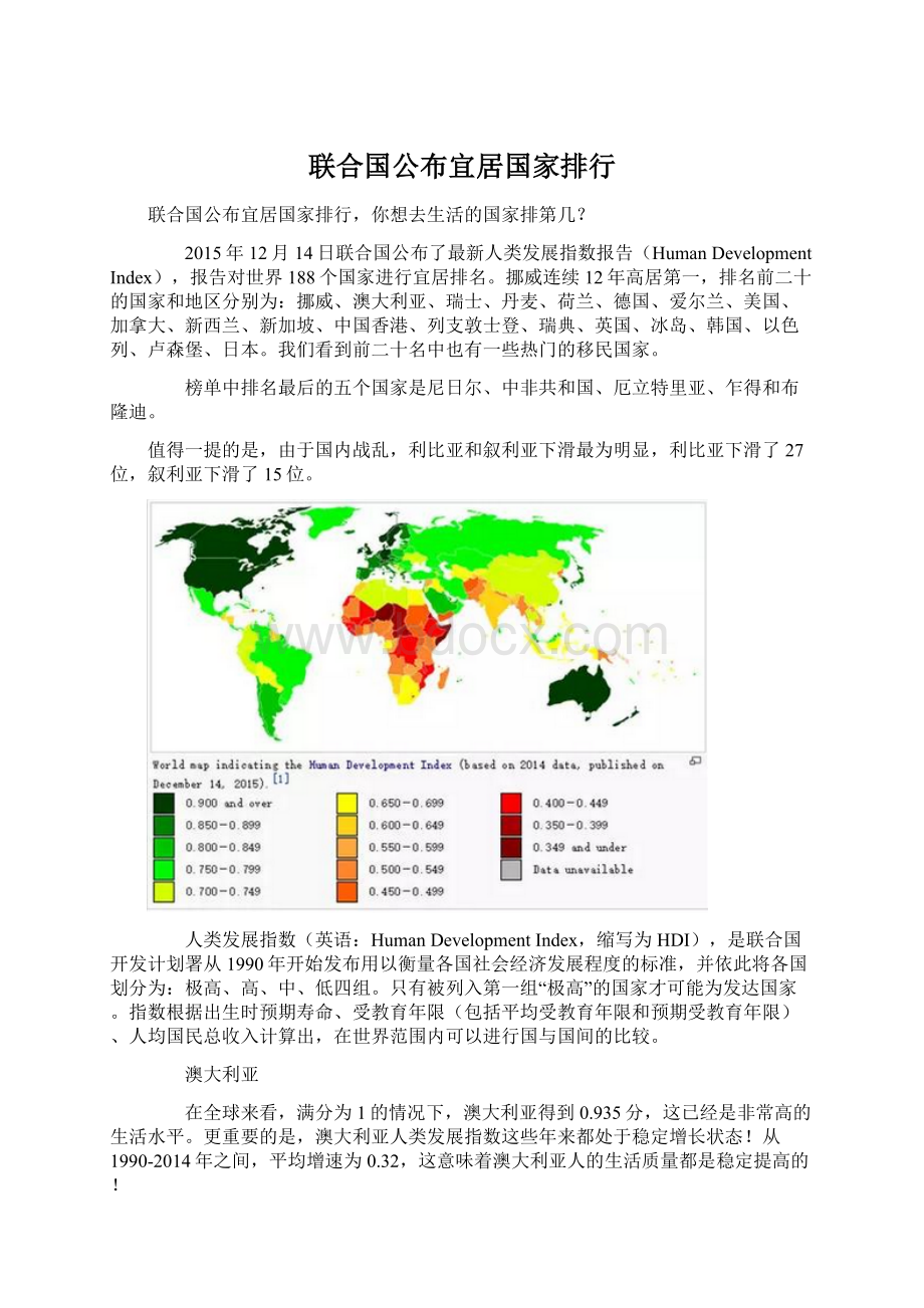 联合国公布宜居国家排行.docx