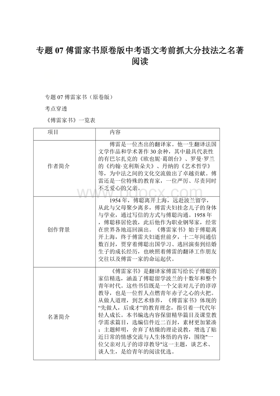 专题07 傅雷家书原卷版中考语文考前抓大分技法之名著阅读.docx_第1页