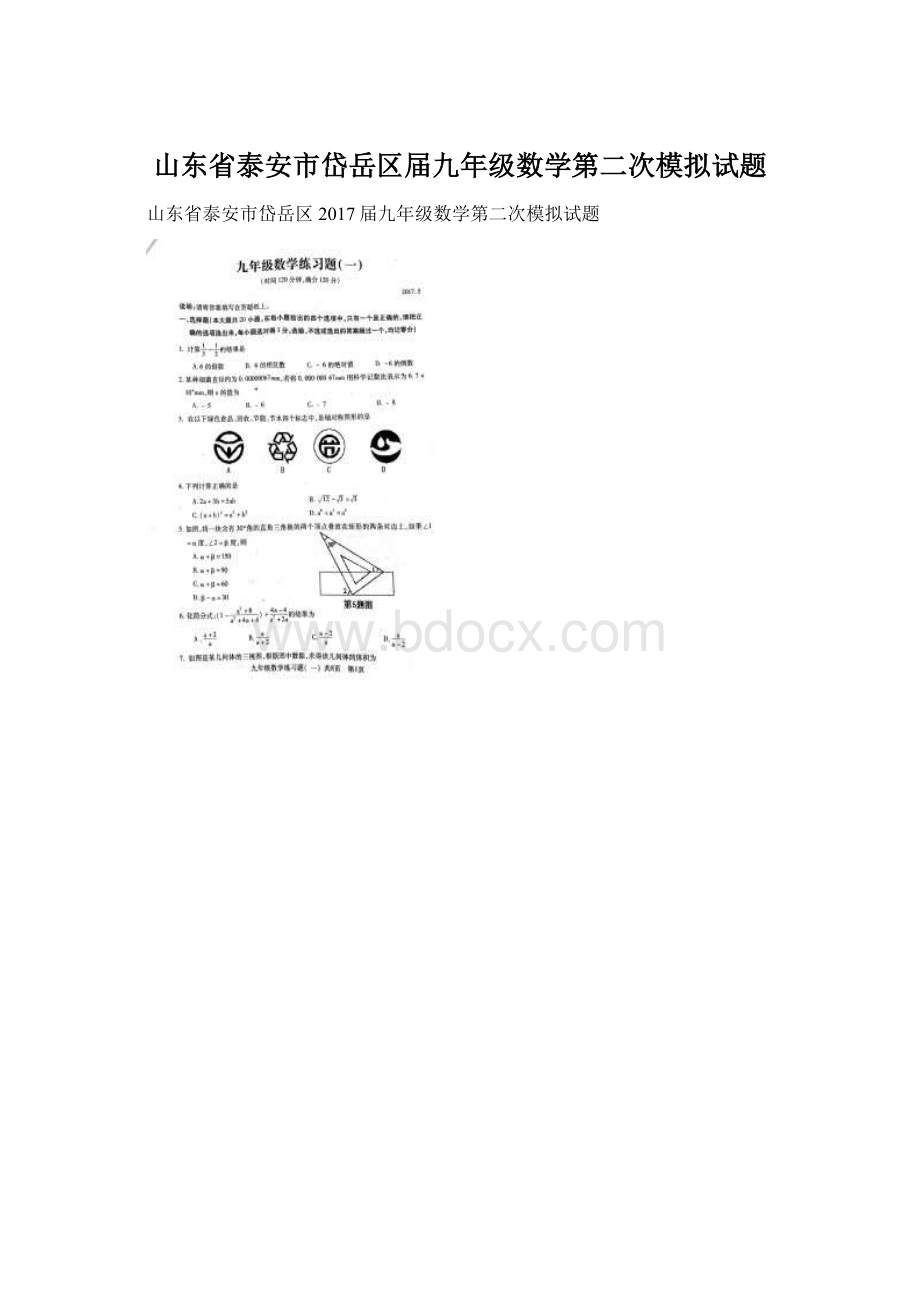 山东省泰安市岱岳区届九年级数学第二次模拟试题.docx_第1页