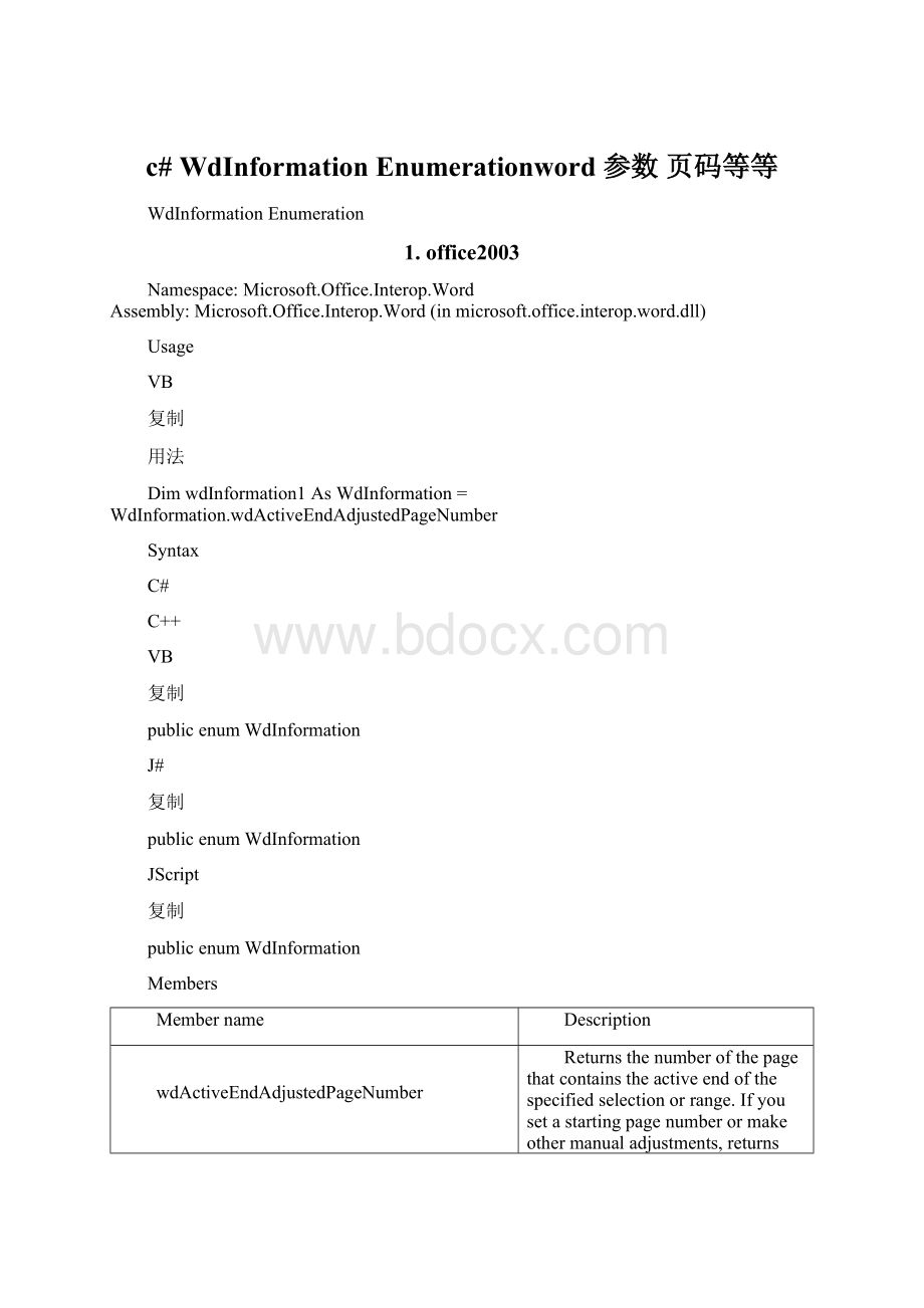 c#WdInformation Enumerationword 参数 页码等等.docx