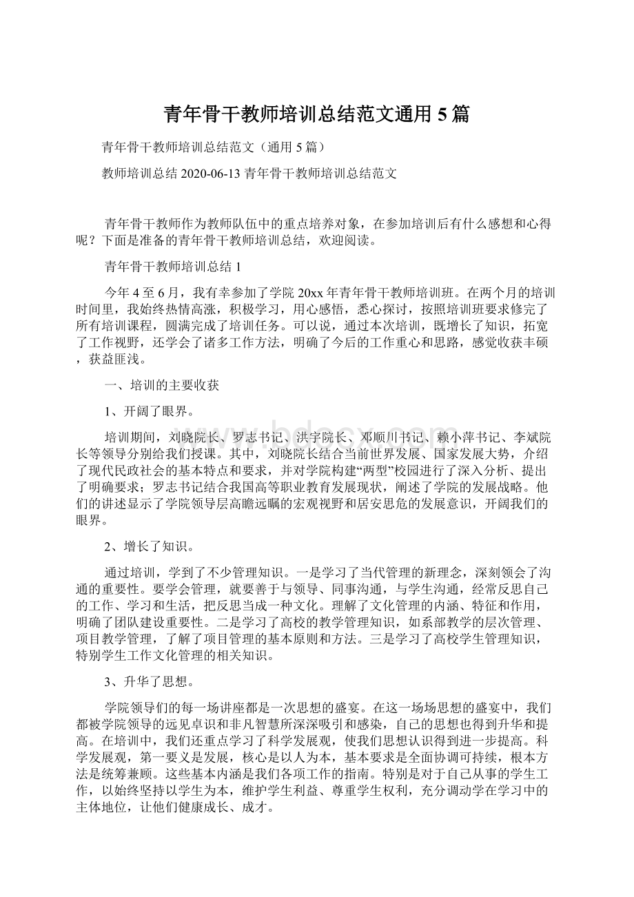 青年骨干教师培训总结范文通用5篇Word格式文档下载.docx