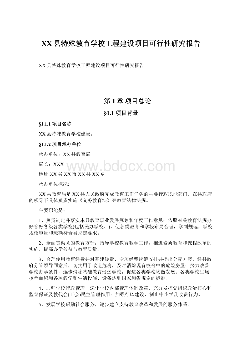 XX县特殊教育学校工程建设项目可行性研究报告文档格式.docx_第1页