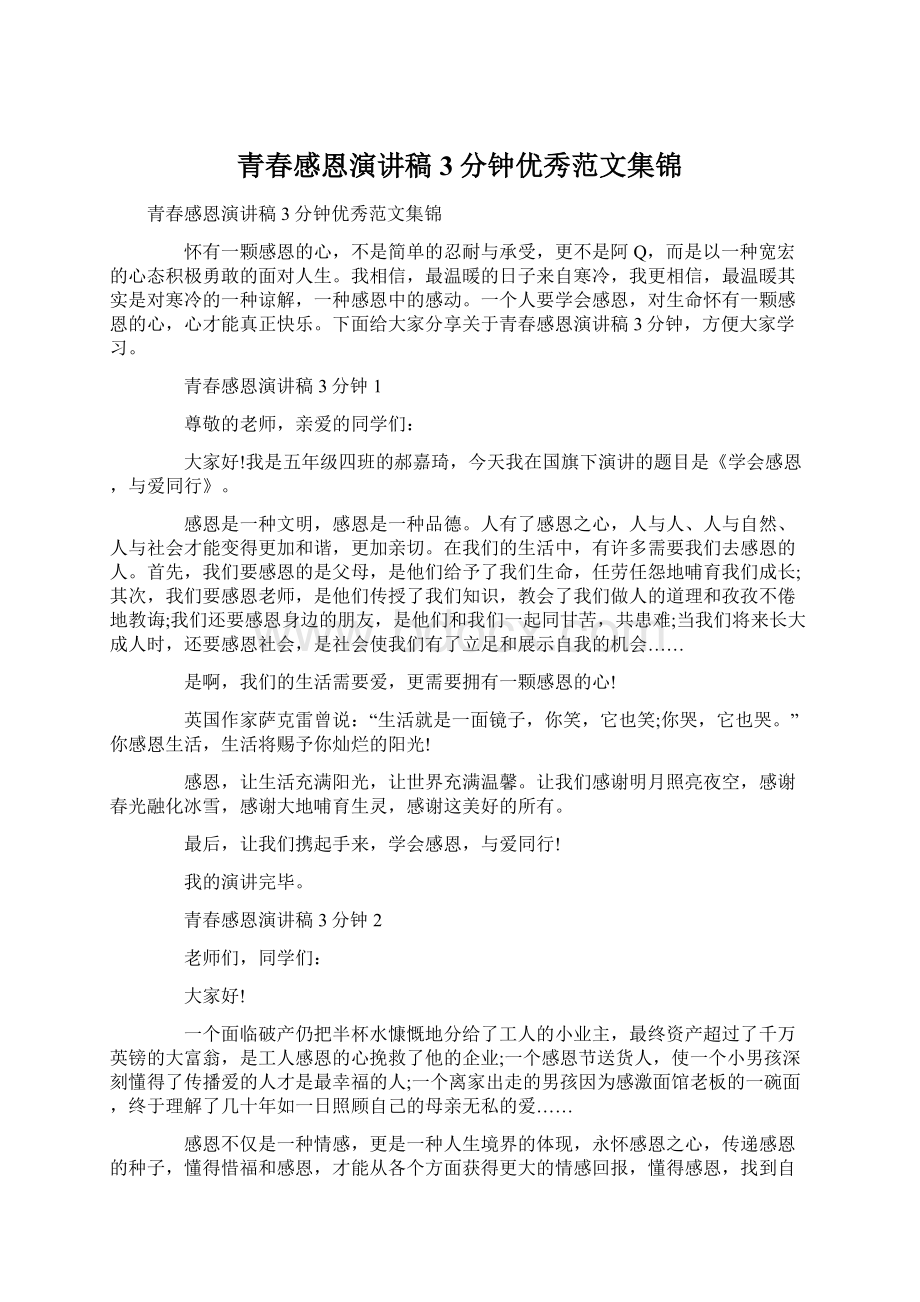 青春感恩演讲稿3分钟优秀范文集锦.docx