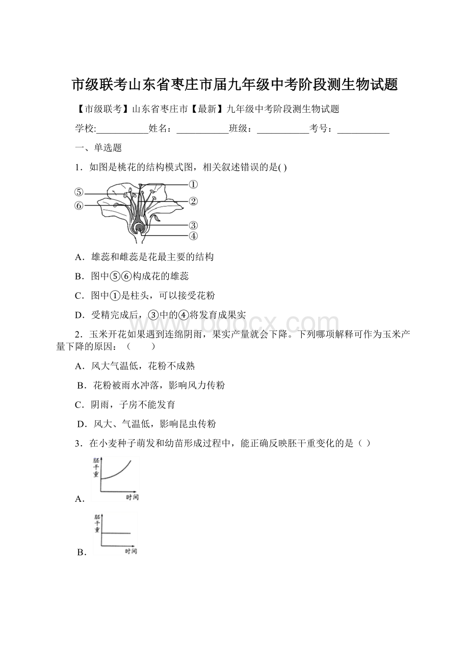 市级联考山东省枣庄市届九年级中考阶段测生物试题Word格式文档下载.docx_第1页