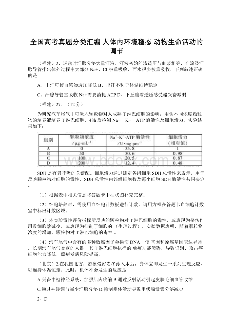 全国高考真题分类汇编 人体内环境稳态 动物生命活动的调节Word下载.docx