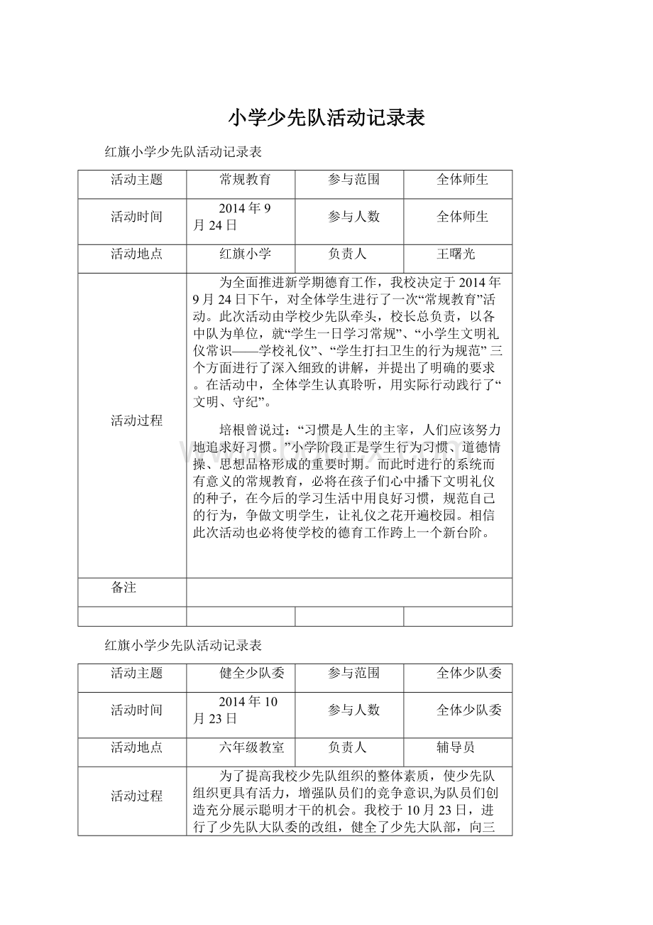 小学少先队活动记录表Word下载.docx