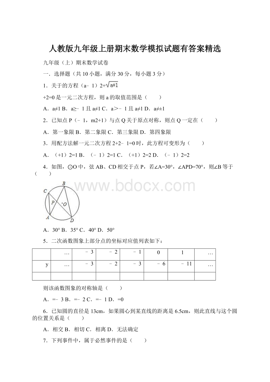 人教版九年级上册期末数学模拟试题有答案精选.docx_第1页