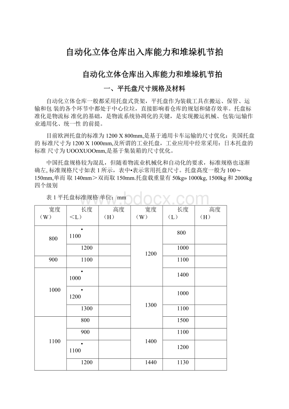 自动化立体仓库出入库能力和堆垛机节拍Word格式文档下载.docx_第1页