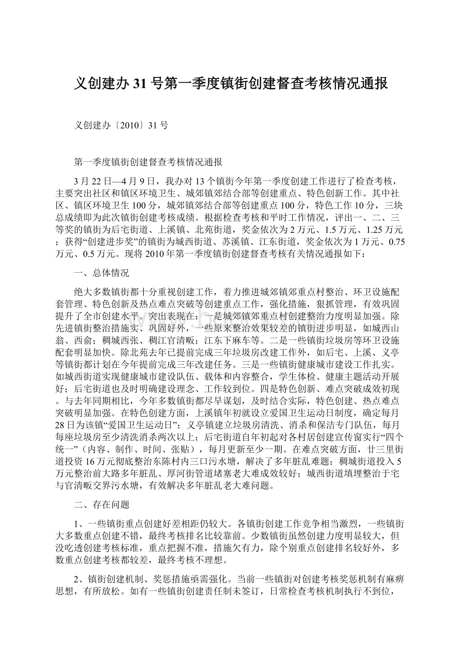 义创建办31号第一季度镇街创建督查考核情况通报.docx_第1页