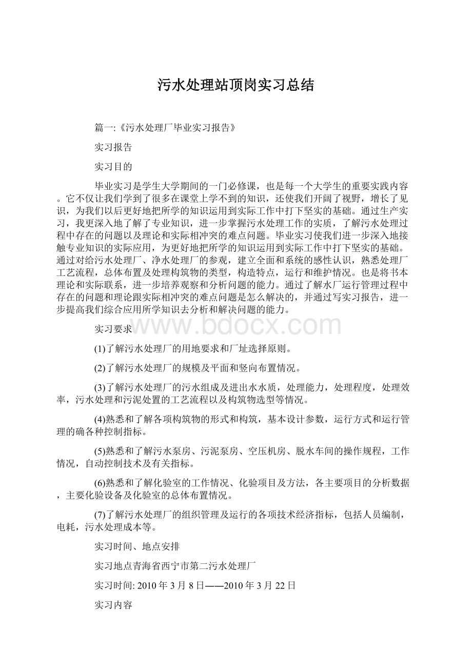 污水处理站顶岗实习总结Word文件下载.docx