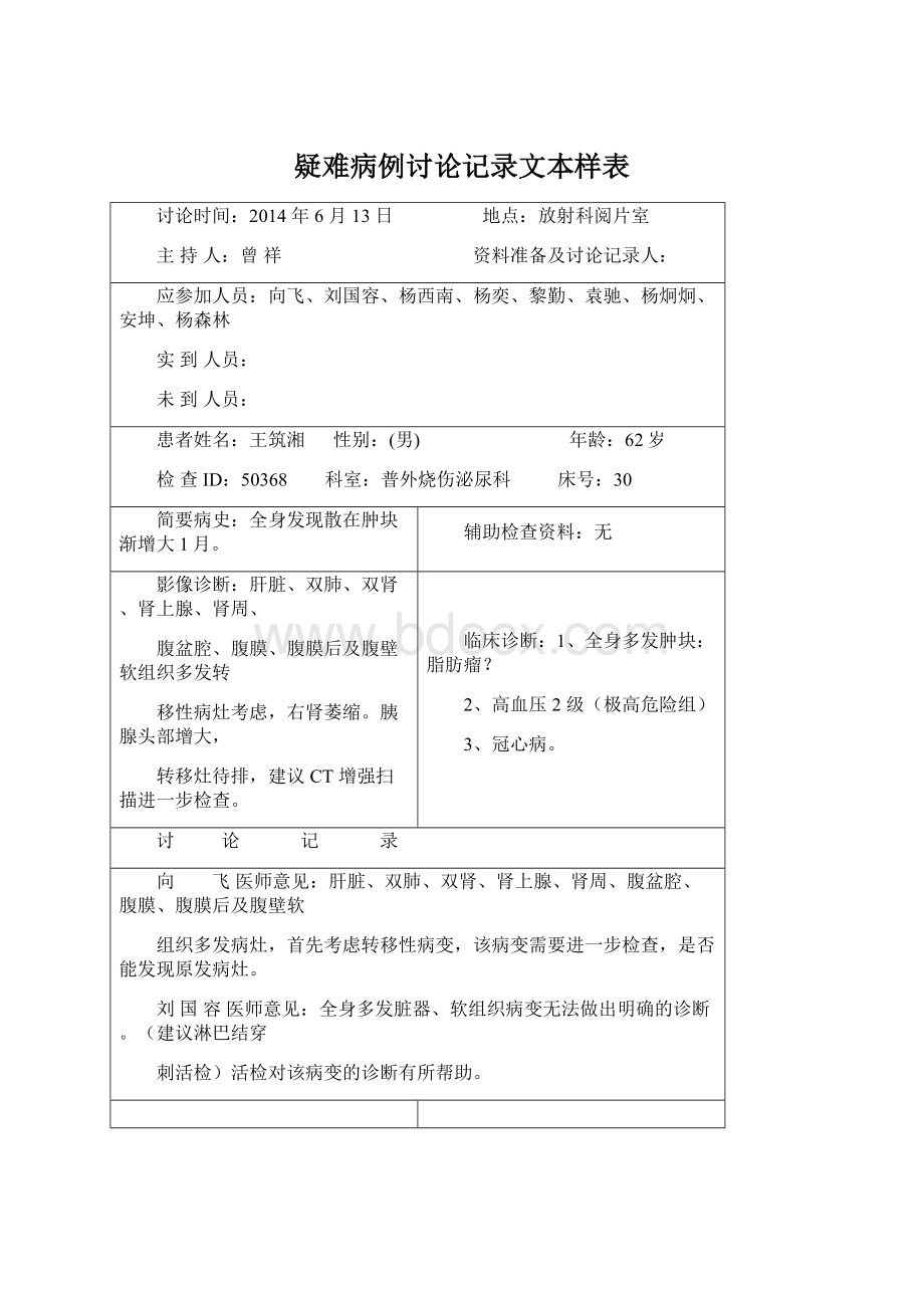 疑难病例讨论记录文本样表文档格式.docx