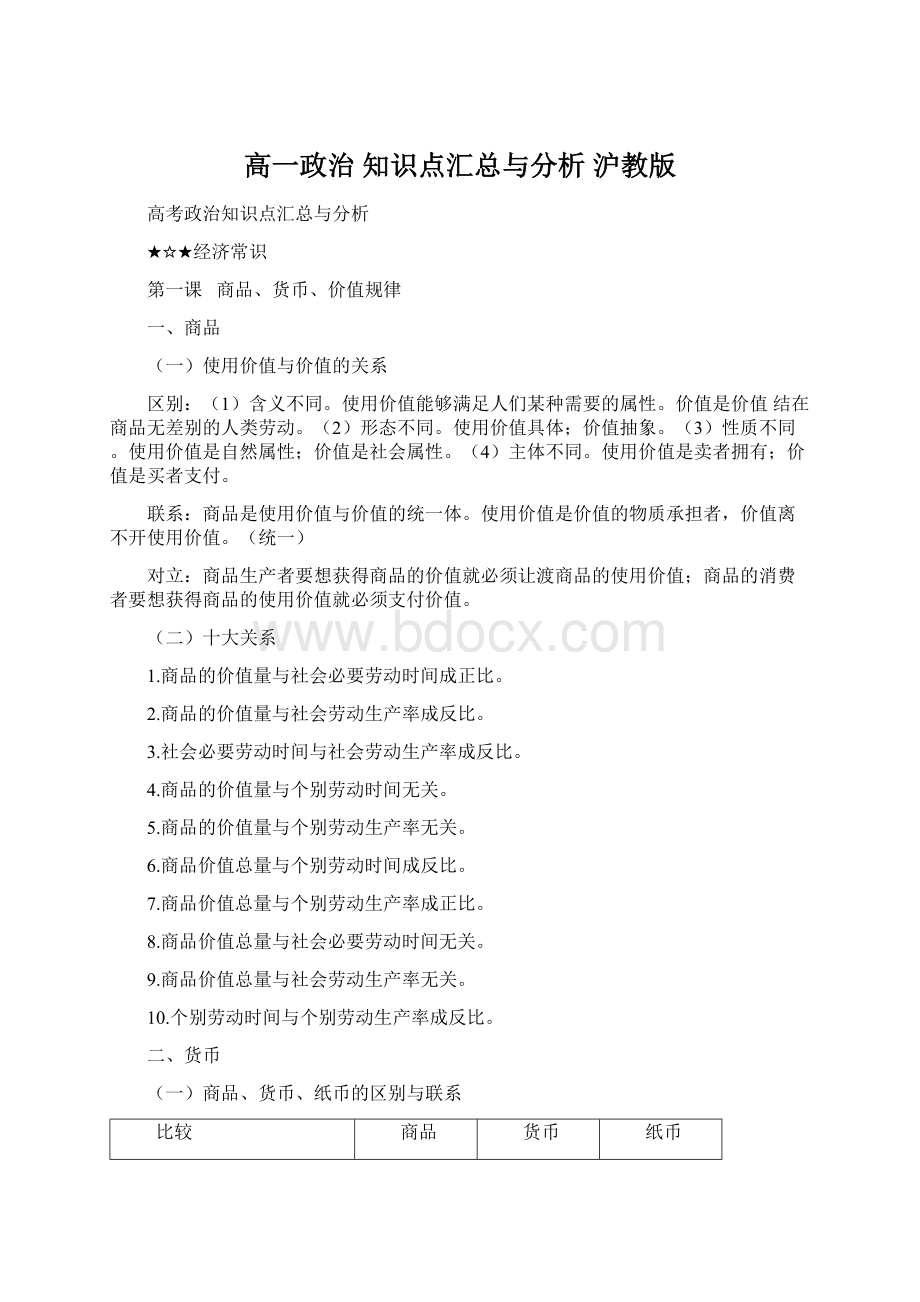 高一政治 知识点汇总与分析 沪教版Word下载.docx