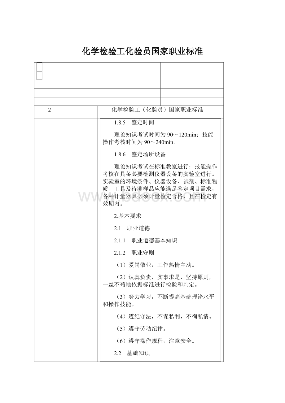 化学检验工化验员国家职业标准文档格式.docx