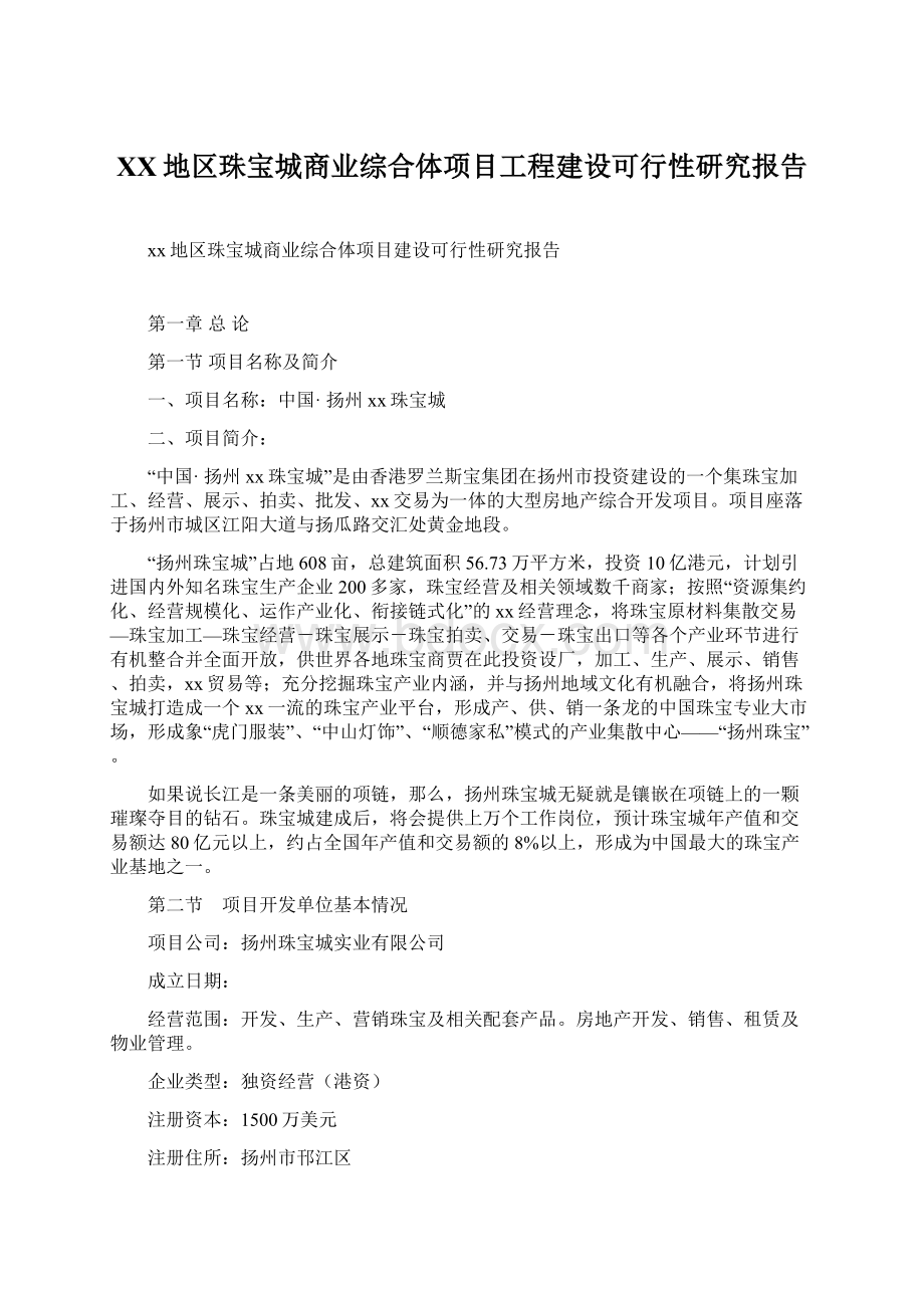 XX地区珠宝城商业综合体项目工程建设可行性研究报告Word格式文档下载.docx