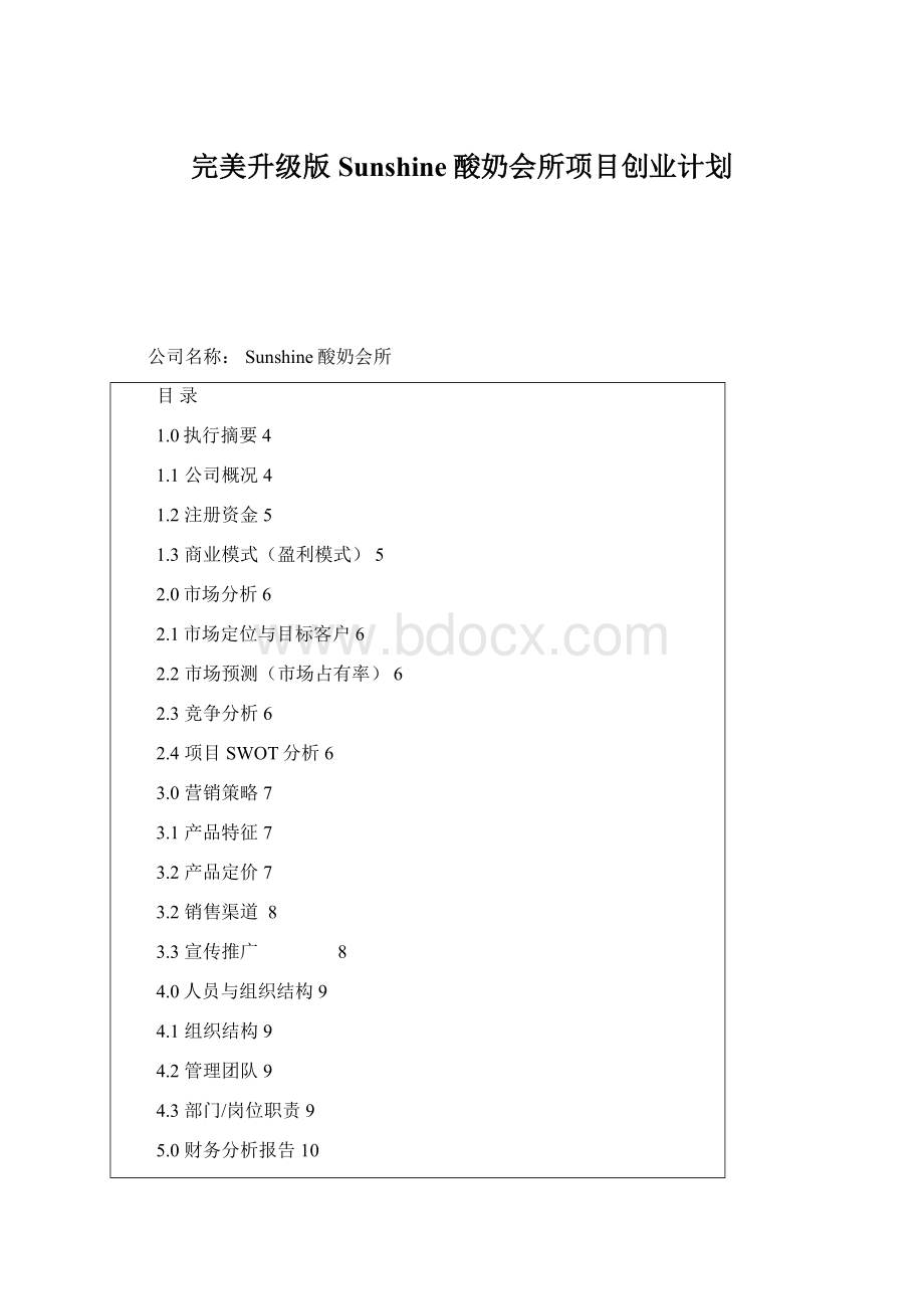 完美升级版Sunshine酸奶会所项目创业计划.docx_第1页