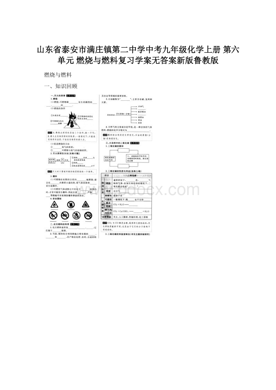 山东省泰安市满庄镇第二中学中考九年级化学上册 第六单元 燃烧与燃料复习学案无答案新版鲁教版.docx