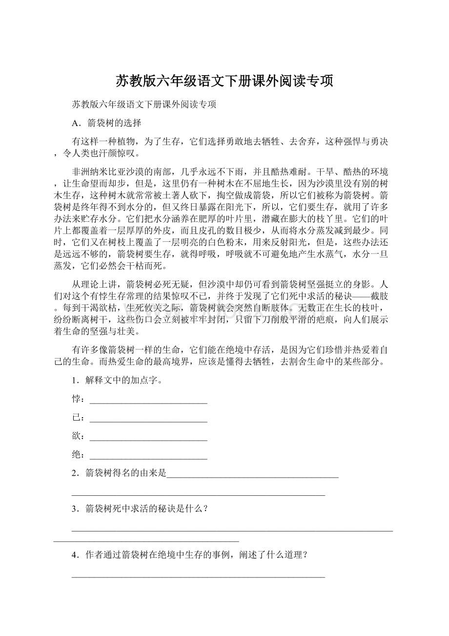 苏教版六年级语文下册课外阅读专项Word下载.docx