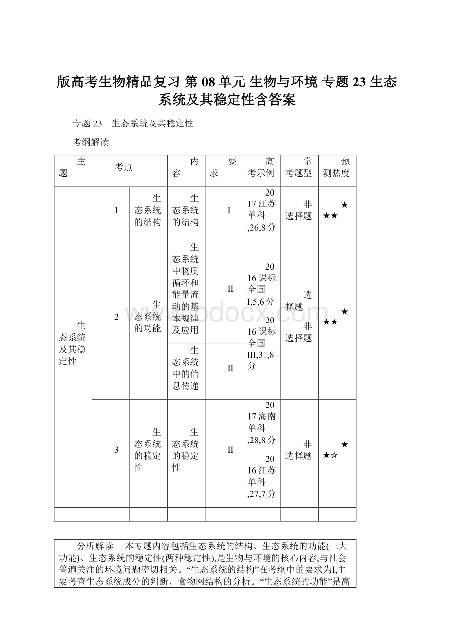 版高考生物精品复习第08单元 生物与环境 专题23 生态系统及其稳定性含答案.docx_第1页