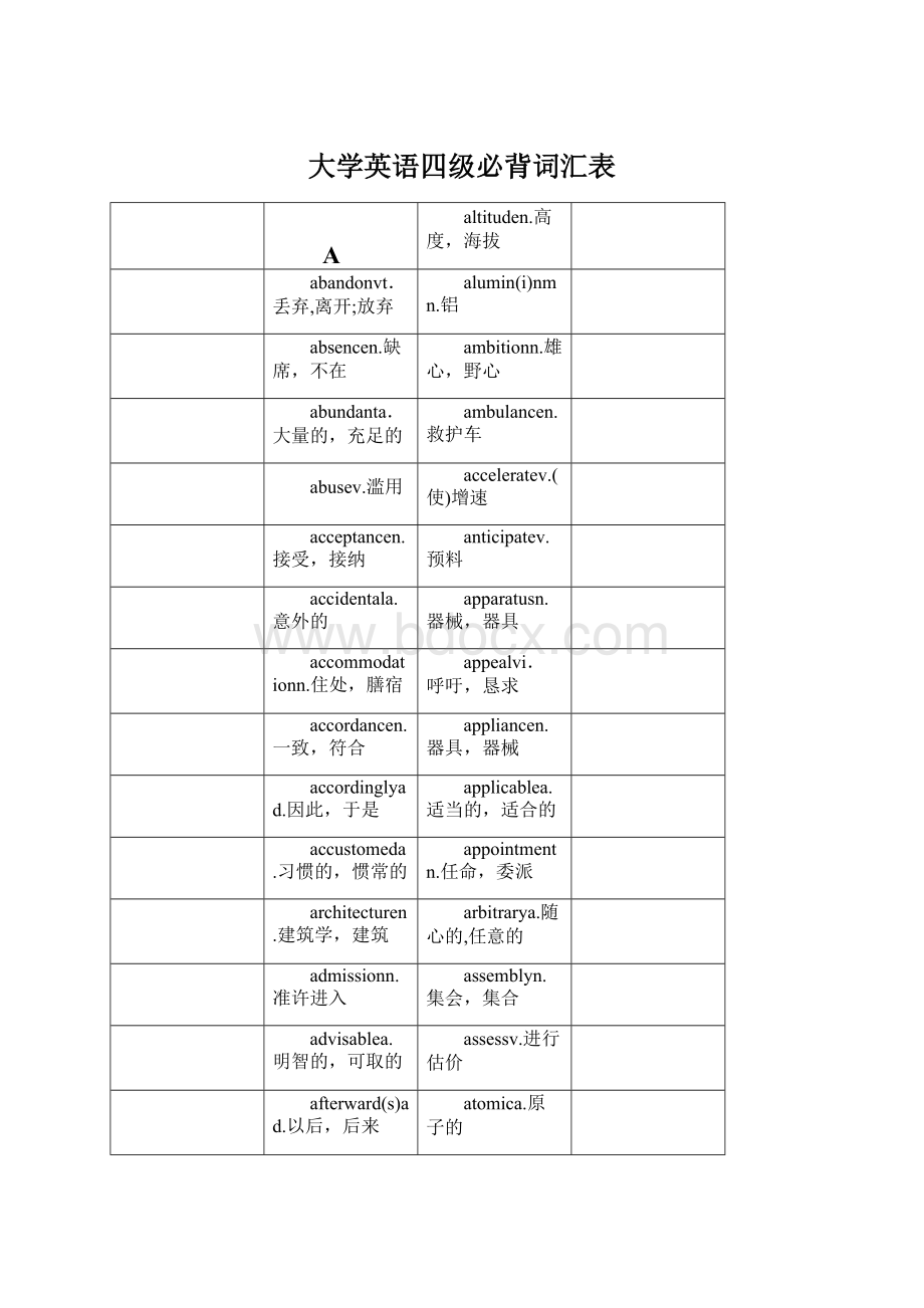 大学英语四级必背词汇表Word下载.docx