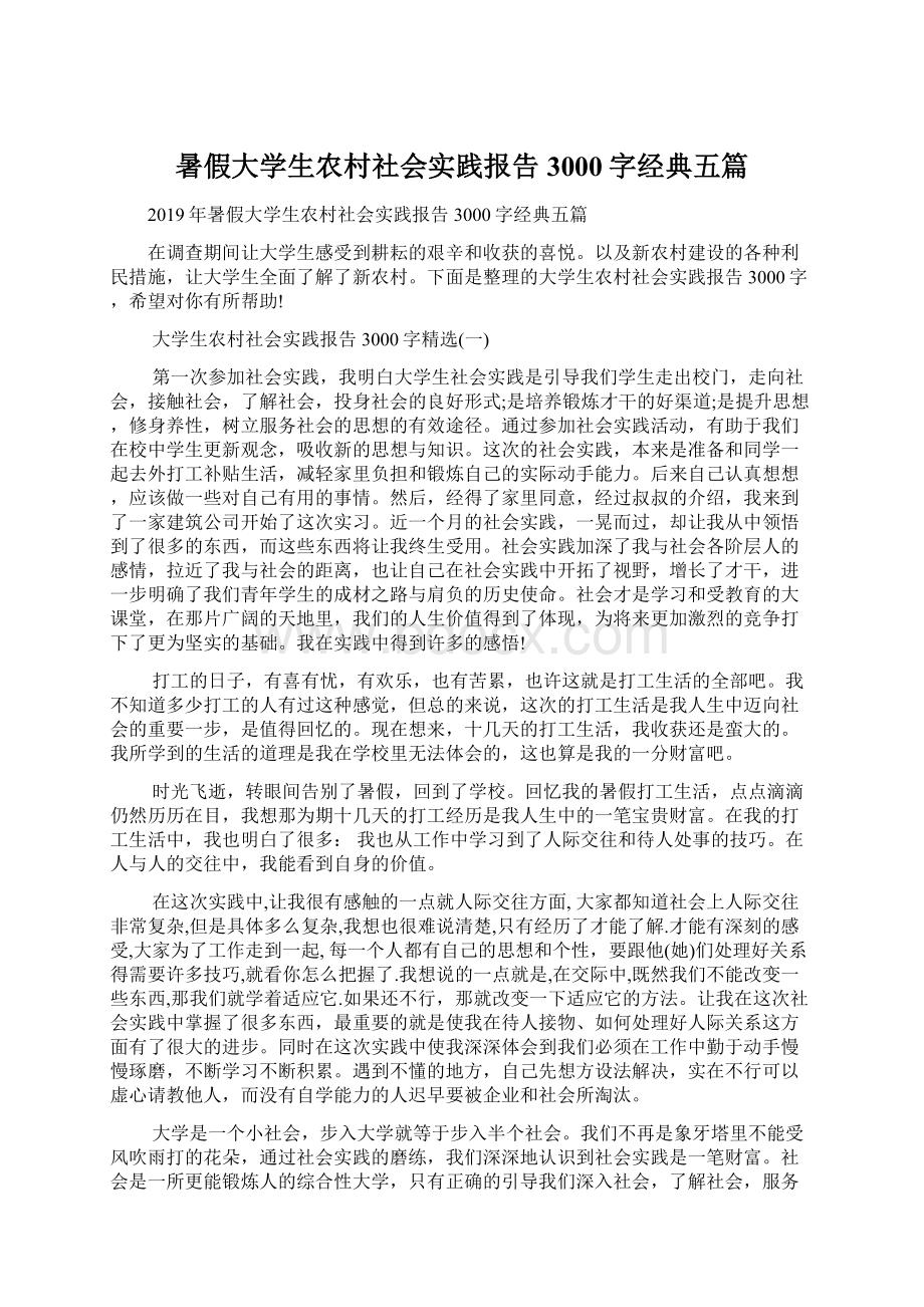 暑假大学生农村社会实践报告3000字经典五篇Word文件下载.docx