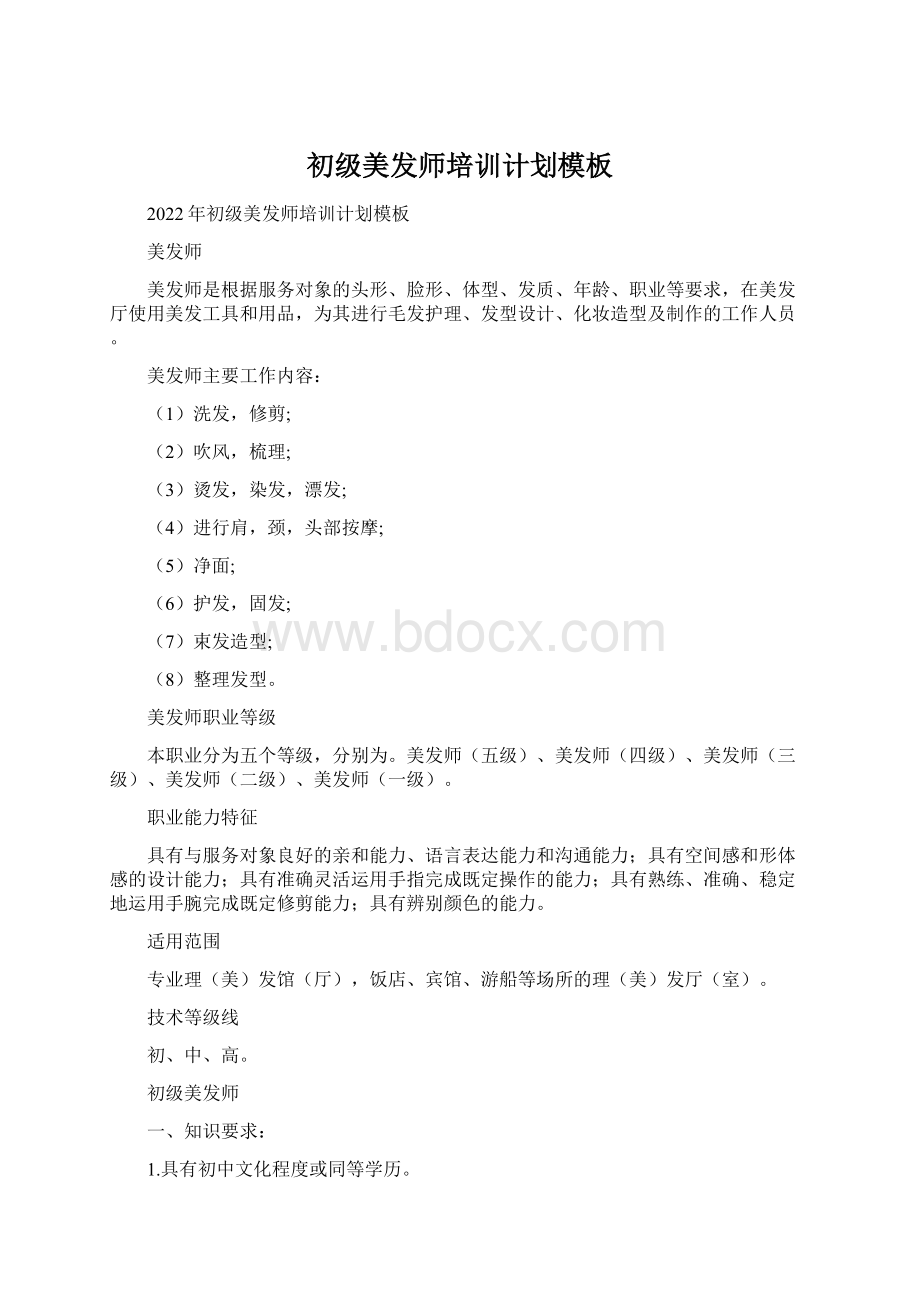 初级美发师培训计划模板Word格式文档下载.docx