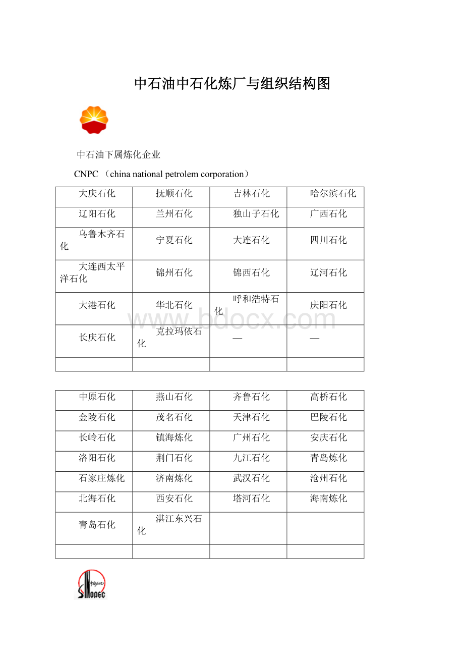 中石油中石化炼厂与组织结构图Word文档下载推荐.docx